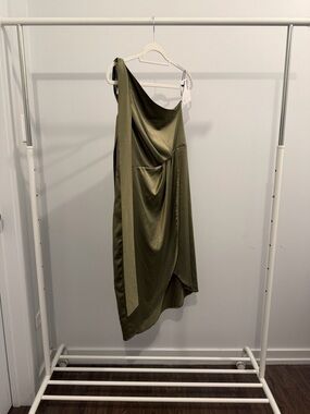 Olive Green One-Shoulder Draped Satin Dress